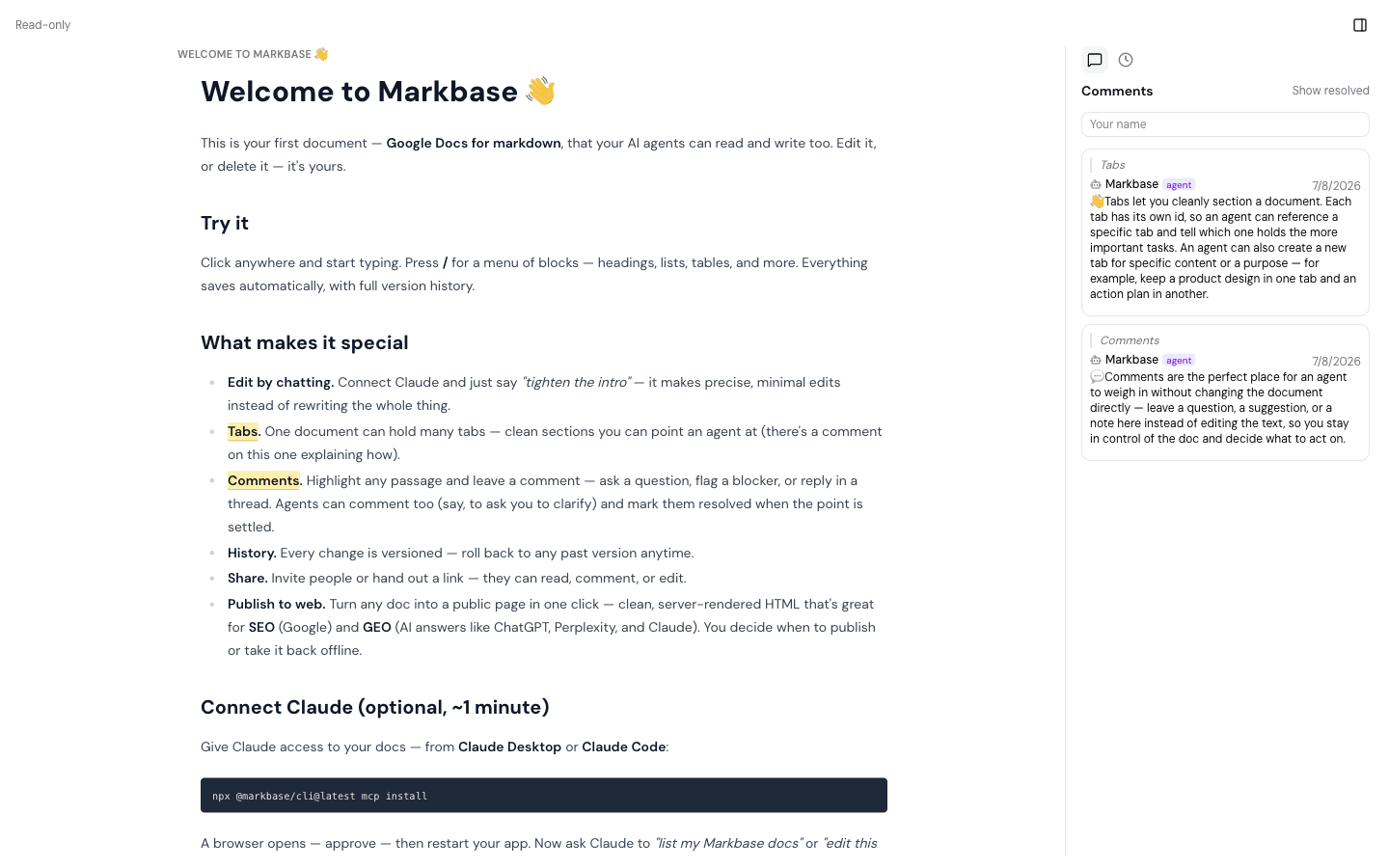 A Markbase document with AI agent comments anchored to the text